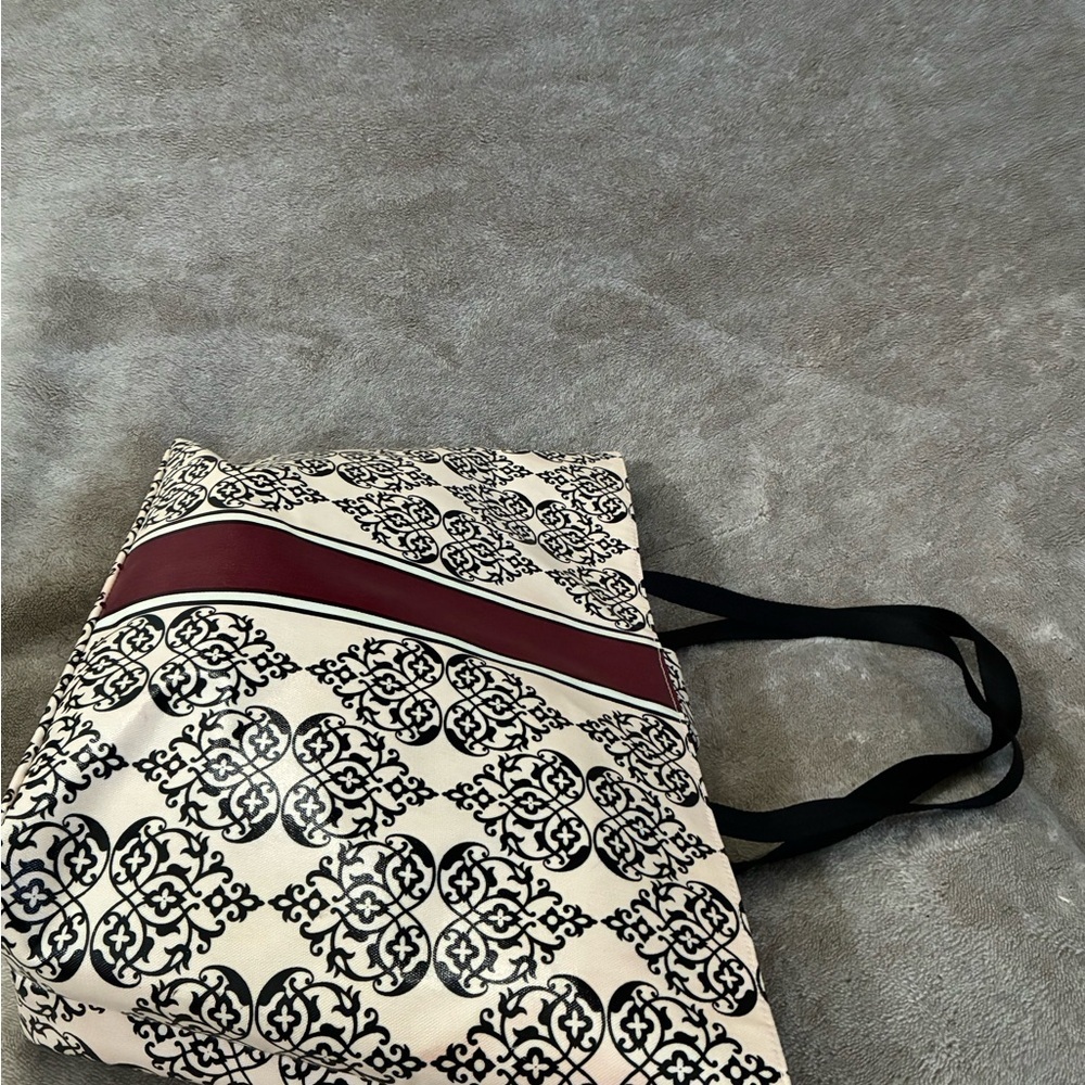 Brighton Damask Print Tote Bag Beige Black Burgundy, Logo Accent, Inner Pockets - Picture 4 of 8